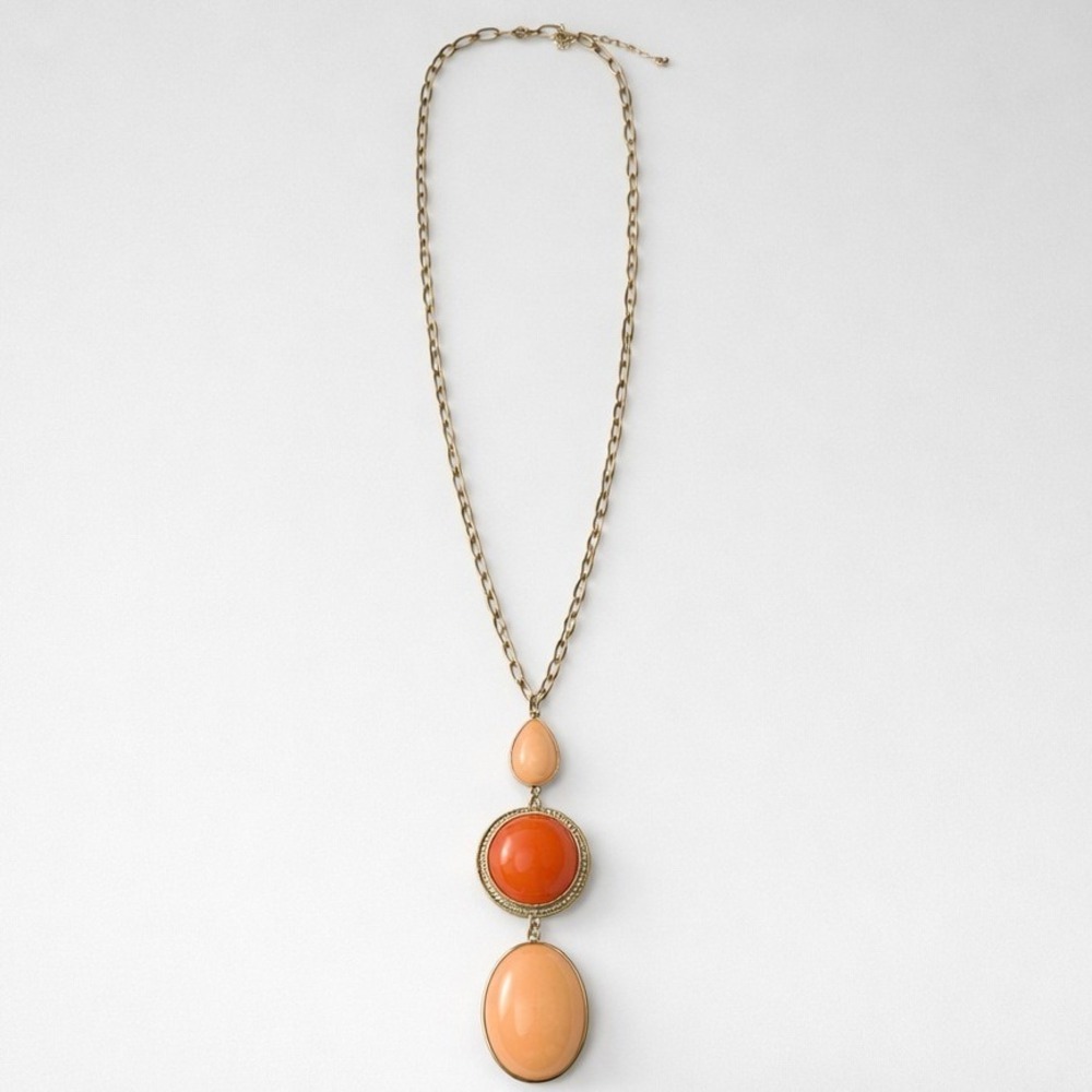 VTG Pendant Necklace Womens 29in Orange Peach Excellent Gold Tone Triple Stone‎